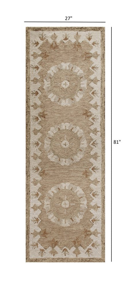 2' X 4' Tan and Beige Wool Medallion Hand Woven Half Circle Area Rug